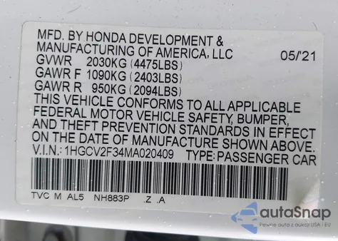 2021 Honda Accord Sport 2.0T z USA, uszkodzony, nr VIN 1HGCV2F34MA020409